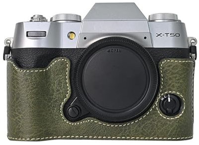 VOVMOEYA Camera Case for FUJIFILM X-T50 Mirrorless Digital Camera,Fuji XT50 Half Case With Soft microfiber Inner,Function Well With 1/4-20 thread hole Retro PU Leather litchi stria-Matcha Green