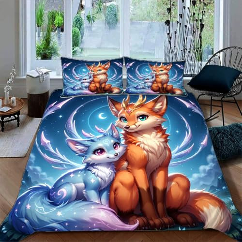 Ruiqieor Bettwäsche 200x200cm,Fantasie-Bettwäsche-Set mit Fuchs-Motiv, Kinder Bettbezug Set Mit Reißverschluss + 2 Kissenbezüge 80x80cm（#1）