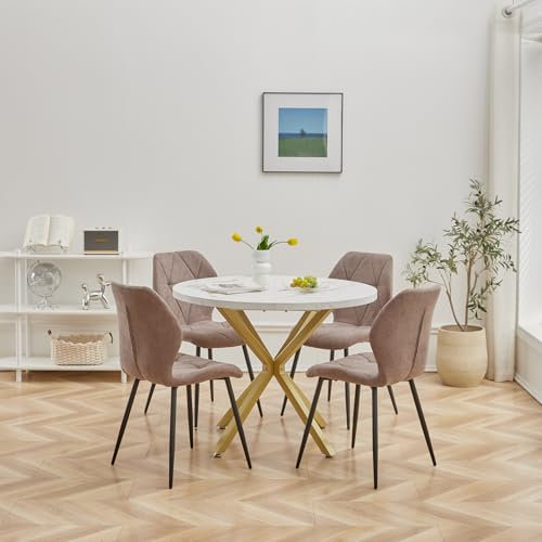 DEYARNA HOME Essgruppe 5-Teilig, 100cm Runder Esstisch und 4 Leinen-Esszimmerstühle, Esstisch und Stühle für 4 Personen, 4 Stühle & Tisch für Küche, Esszimmer und Wohnzimmer (Weiß/Gold+Braun)