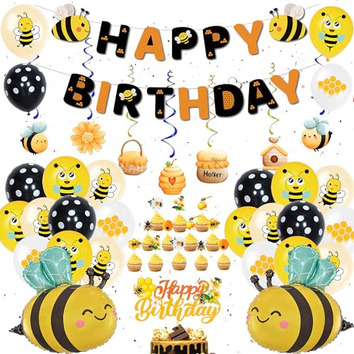 Bienen Deko Geburtstag Luftballons für Kinder - Biene Party Dekoration Happy Birthday Girland Bee Ballons und Tortendeko, Blumen Folienballon für Mädchen Junge Kindergeburtstag Baby Shower