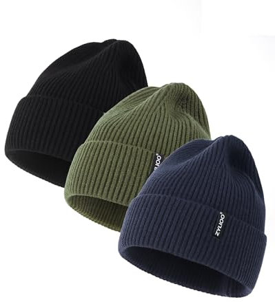 Zylioo XXL/3XL Strickmütze Für Großen Kopf, Wintermütze Beanie Mütze Mit Schirm, Übergroße Winter Warme Knit Cuffed Watch Cap 3Pack