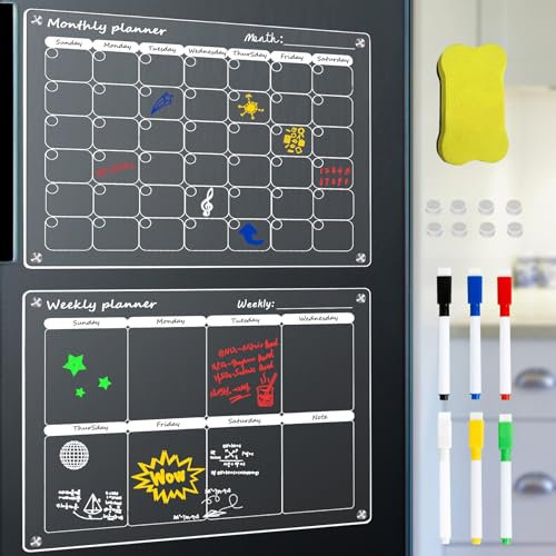 2 pizarras mensuales y semanales reutilizables, calendario magnético acrílico para nevera, planificador familiar transparente con borrador seco magnético, 6 marcadores para comidas, menú, compras,