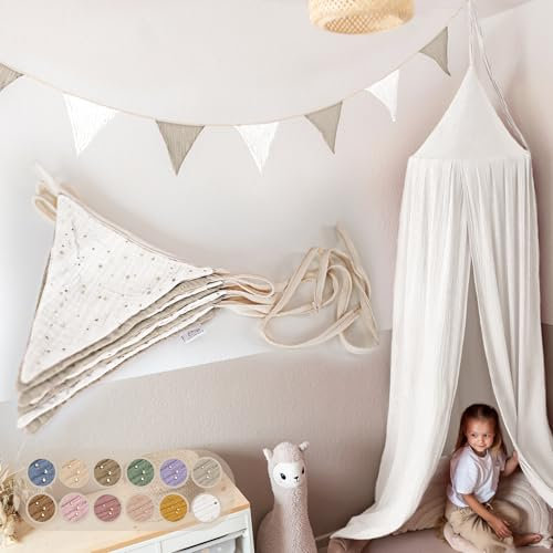 LILIMAUS Wimpelkette Stoff [mit Goldapplikation in 12 Farben] Wimpelkette Kinderzimmer - 100% Baumwolle Handmade Girlande Stoff - Wimpelkette Musselin - Hausbett Deko Mädchen & Jungen für Babyzimmer