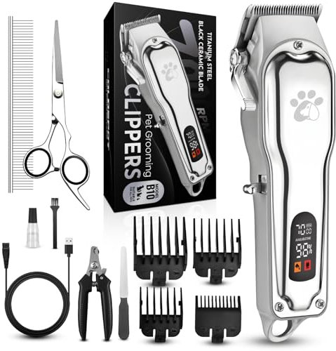 Tosatrice professionale per cani per capelli spessi, corpo interamente in metallo, lama in ceramica nera, display a LED, kit per toelettatura cani senza fili ricaricabile a basso rumore