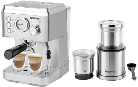 GEEPAS 1140W Espresso & Cappuccino Coffee Machine & 200W Coffee Grinder Combo Set | Milk Frother, 1.8L Water Tank | Electric Wet & Dry Food Processor Mill for Spice Nuts Chutney, 75g Detachable Bowl