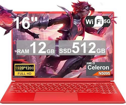 PC Portatile Notebook 16 Pollici Win11 12GB 512GB 1TB SSD Espansione, Computer Portatile Celeron N5095 (fino a 2.9Ghz) 丨Ventola di Raffreddamento丨5G WIFI丨1920 * 1200 2K Schermo Doppio-Rot