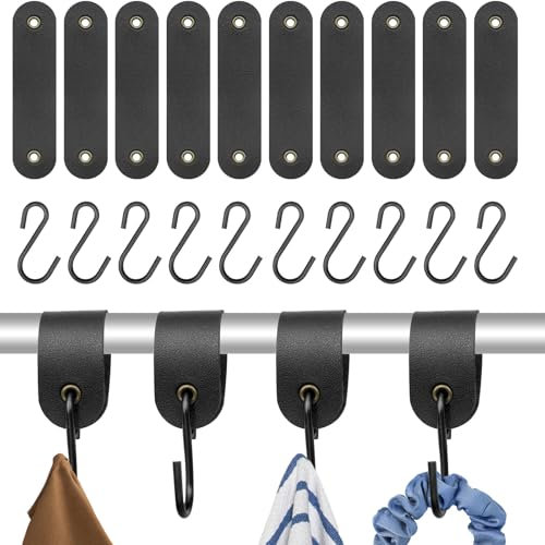 Veftsvy 10 Stück S Haken mit Lederschlaufe, 12,5 x 3cm Haken zum Einhängen, Edelstahl S Haken, Kleiderhaken für Garderobe Kleiderstange Stange Küche Badezimmer - Schwarz