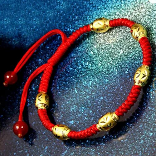 Bracelet bébé en Or Jaune Pur 999 24 carats pour Femme, Perles ovales sculptées, Cordon Rouge, 17,8 cm (Convient aux Adultes)