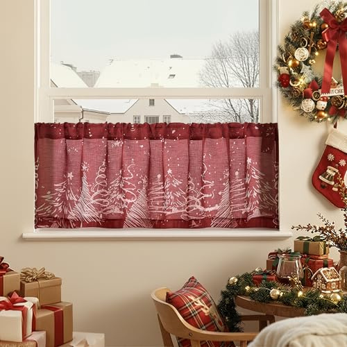 TOPICK Scheibengardine modern Weihnachtsgardinen Küchengardinen Landhausstil Bistrogardine modern Weihnachtsbaum, H40xB125 cm Weihnachts Gardinen Wohnzimmer Scheibengardine Schlafzimmer Rot 1 Stück
