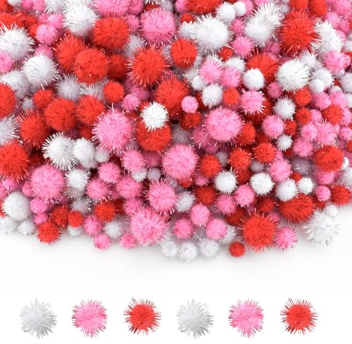 NACHLYNN 1000 Glitzer-Pompons zum Basteln Großpackung 4 Größen Bunt Weiche Flauschige Pompons Bommel zum Basteln DlY-Dekorationsaktivitäten, mit Aufbewahrungstasche (Rosa Serie)
