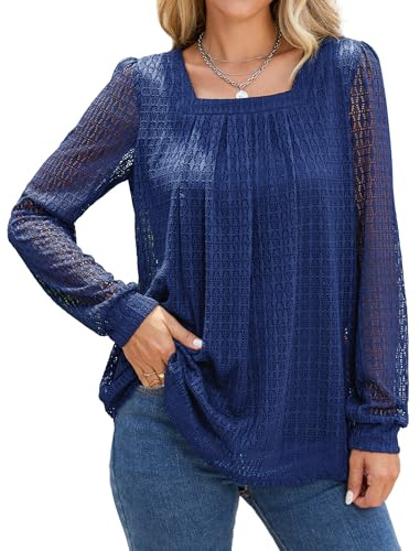Enmain Womens Blouses Long Sleeve Navy Blue Tunic Top Casual Loose Fit Tunic Tops Lace Sleeves Blouse Shirt XXL