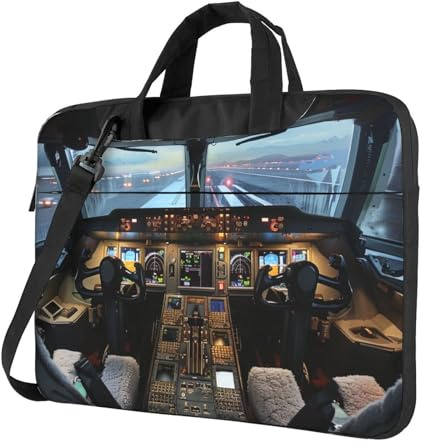 KCGSDEGV Laptoptasche mit Flugzeug-Cockpit, dreilagiger Schutz, stoßfest, Crossbody-Laptop-Umhängetasche für Damen und Herren, Schwarz , 15.6 inch
