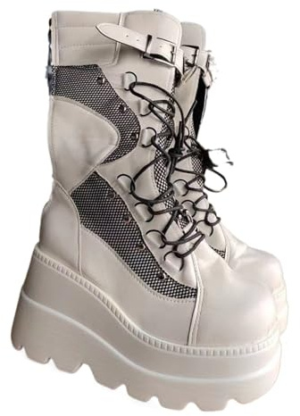 Punk Damen Goth Plateau Stiefel Mode Nieten Schnalle Punk Wedges High Heels Damenstiefel Party Street Cosplay Frau Schuhe, weiß, 43.5 EU
