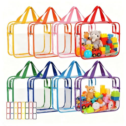 8 Colors Clear Toy Storage Bags: Waterproof PVC Organiser Bags 30x10x22cm | Reusable Zipped Storage Bags with Handles and Label Stickers for Building Blocks Puzzles Board Games and Books