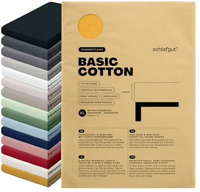schlafgut Basic Cotton Spannbettlaken 180x200 cm Baumwolle, Yellow Deep | Bettlaken, Spannbetttuch 200x200 cm, Gelb, Jersey, bis 22 cm Steg, Made in Green, atmungsaktiv