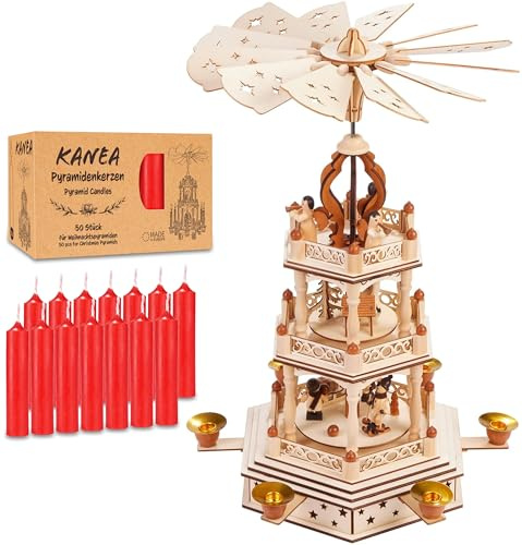 BRUBAKER Weihnachtspyramide aus Holz inkl. 50er Pack Pyramidenkerzen Rot | 44 cm große Holzpyramide für Weihnachten - 3-stöckige Tischpyramide Drehbar - 3 Etagen - Handbemalt