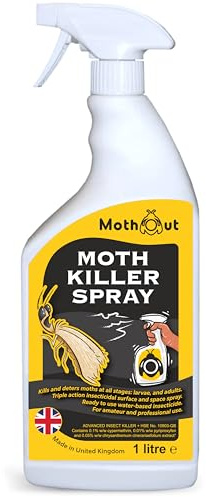 MothOut Moth Killer Spray – Wardrobe & Carpet Moth Treatment for Home & Commercial Use, Long-Lasting Insecticide for Fabric Pests, Carpet Beetles, Larvae & Pupae. Low Odour & Residual Action (1 Litre)