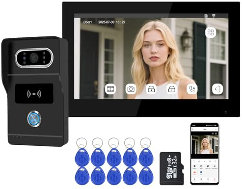 QttyElok Sistema de Videoportero WiFi 2 Hilos, 1080P HD Timbre de Video Cámara y Monitor, Pantalla Táctil IP de 7 Pulgadas, Visión Nocturna, Grabación, Desbloqueo por Tuya APP/Tarjeta RFID