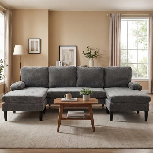 COSTWAY Ecksofa mit Schlaffunktion, U-förmige Couch für 5-6 Sitzer, Sofa aus Cordstoff, Schlafcouch mit Armlehnen, Wohnlandschaft, modernes Schlafsofa für Wohnzimmer (Grau)