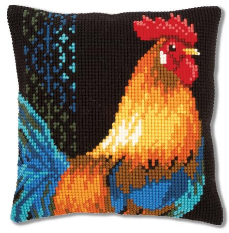 Vervaco Kreuzstich Stickpackungen Kissen Stickerei Set Anfänger Vorgedruckt Hahn DIY Set Kreativ Set Für Erwachsene Dekoratives Kissen ca. 40 x 40 cm Bastelset Handwerker Haus Dekoration