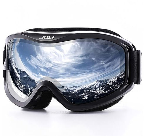 Juli Ski Goggles Winter Snow Sports Snowboard Protective Goggles with Anti Fog UV Protection Double Lens for Men Women and Youth, Schwarz/Silber(VLT 12%)