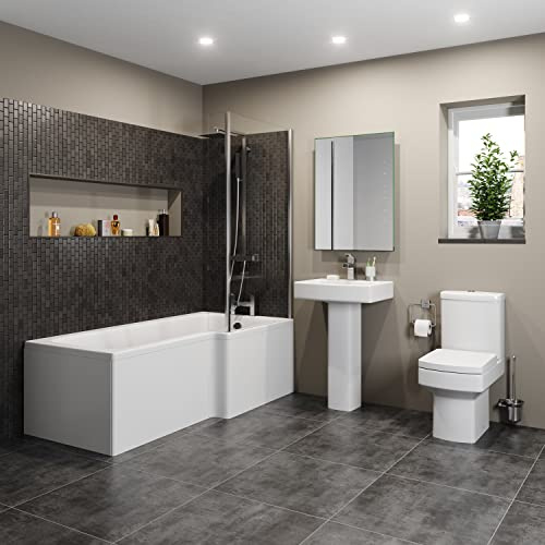 Affine Bathroom Suite L Shaped RH Bath Screen Panel Square Toilet Basin Sink Pedestal