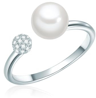Valero Pearls Damen-Ring 925/-Sterling Silber Süßwasser-Zuchtperle Rund 7 mm weiß/Zirkonia - Silberring offen mit Süßwasserperle Perlenring
