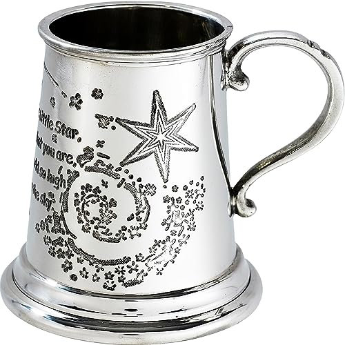 I LUV LTD Estaño Jarro Cuarto de Pinta Taza Twinkle Twinkle Little Star Canción Infantil en la Parte Delantera y Trasera del Cuerpo Bautizo Manija de Desplazamiento