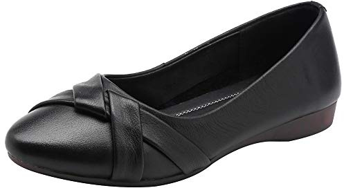 rismart Women's Leather Ballet Pumps Slip on Low Wedge Comfortable Work Shoes