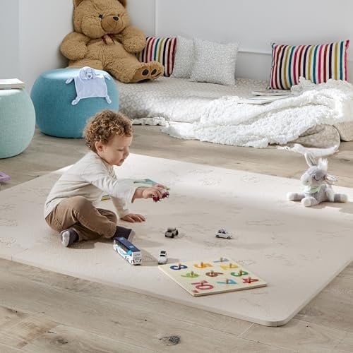 LuBabymats Mini - Original gepolsterte Krabbeldecke für unterwegs aus hochwertigem EVA-Schaumstoff, extra weiche Polsterung für Babys mit lustigen kindgerechten Designs in Beige