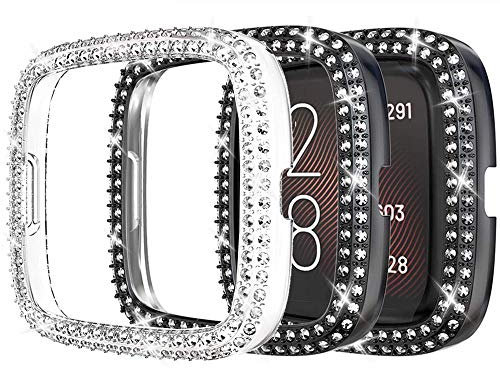 Miimall [2 Stück] Kompatibel mit Fitbit Versa 2 Hülle, Strass Glitzer Harter PC Schutzhülle Stoßfest Kratzfest Bling Diamant Rahmen Stoßstange Schutz Case für Fitbit Versa 2 - Schwarz+Klar