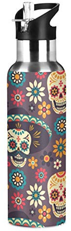xigua Bouteille d'eau en acier inoxydable avec couvercle à paille à double paroi isotherme Motif tête de mort 590 ml