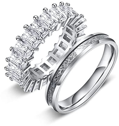 GALANI 2 Stücke 4MM 5MM Silber Ehering Ring Set Damenring Herrenring aus Edelstahl Paar Ringe für Hochzeitsversprechen mit Diamant und Meteorit Aufkleber Größe 54(17.2)