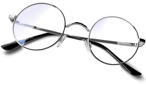 KANASTAL Runde Blaulichtfilter Brille Damen Herren Retro Vintage Blaulichtbrille Ohne Stärke für PC/Handy/TV/Gaming UV 400 Schutz, Silber Rahmen