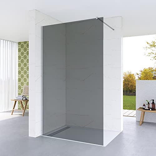 Duschabtrennung Duschwand Glas Walk in Dusche Graues Glas 120 x 200 cm ESG Echtglas Grauglas 8 mm Duschtrennwand Glaswand Glastrennwand Lotuseffekt Nano Beschichtung 90° Stabilisator Edelstahl