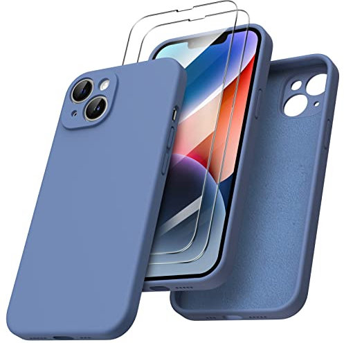 ORNARTO kompatibel mit iPhone 14 Hülle 6,1 Zoll 2022, mit 2 x Screen Schutzfolie flüssigem Silikon Gel Ruber Case Rundumschutz Stoßfeste Handyhülle Französisch Blau