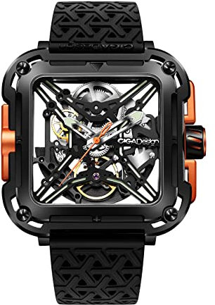 CIGA Design Automatik Uhr Herren - X Serie SUV Armbanduhr Quadratisch Mechanische Skelettuhr Saphirglas mit Geschenkkarton (Schwarz & Orange)
