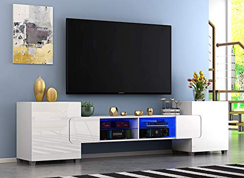 Panana Meuble TV LED, 4 Compartiments de Stockage et 2 Portes sur Salon, 230 x 35 x 53 cm, Blanc