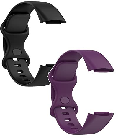 2 Stück Armband Kompatibel mit Fitbit Charge 5 Armbänder Sport Wasserdichtes Ersatzarmband Silikon Wechselarmband Uhrarmband für Fitbit Charge 5 (Schwarz/Lila)