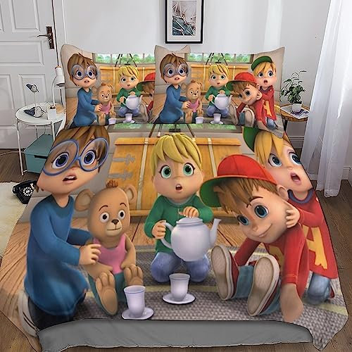 BARDYS Alvin and The Chipmunks Tröster Startseite Satz, Bettwäsche Satz,Spannbetttücher Bettbezug, Süße Dekoration Bettwäsche Set Double(200x200cm)