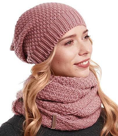 Hilltop Winter Kombi 2er Set aus Winter Schal und passender Strickmütze, Winter Set:Pink
