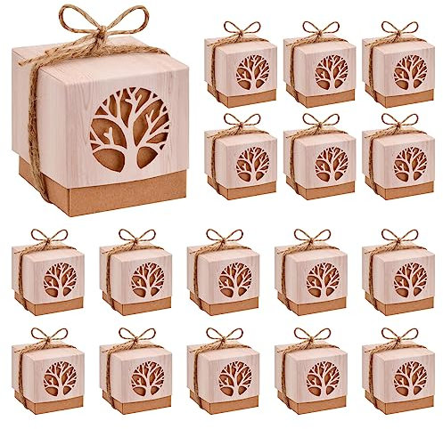 Pinsheng 50 Pezzi Scatoline Bomboniere Portaconfetti in Carta Kraft, L'Albero Della Vita Scatole Confetti Battesimo con Corda di Canapa per Comunione Battesimo Matrimonio Laurea Nascita Cresima