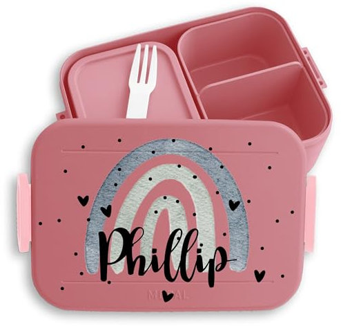 Kinder Bento Box Midi Lunchbox für Mepal Bentobox - Regenbogen Brotdose Rainbow mit Name Jausenbox I - 900 ml - Rosa - personalisierte brotdosen vesperbox mädchen schule personalised