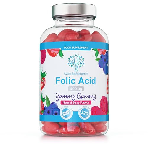 Folic Acid Gummies - 400μg, 120 Natural Berry Flavoured & Vegan Gummies - High Strength Vitamin B9 Folic Acid Pregnancy Support Prenatal Vitamin - No Artificial Sweeteners or Flavours – UK Made