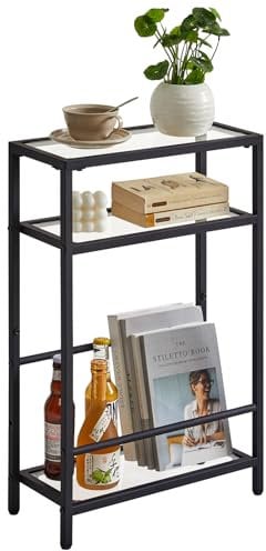 IBUYKE Beistelltisch,Glastisch mit Zeitschriftenhalter,3 Etagen,Schmaler Beistelltisch mit Lagerregal,Sofatisch für schmale Räume, Nachttisch für Wohnzimmer Schlafzimmer,Schwarz TMZ002B