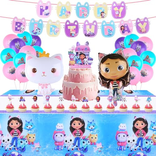 Cartoon Gabbys Dollhouse Luftballons Geburtstag Dekoration Set 47Stück Kinder Luftballon Kit mit Happy Birthday Banners Folienballons Thema Cupcake Toppers, Mädchen Geburtstag Partyzubehör