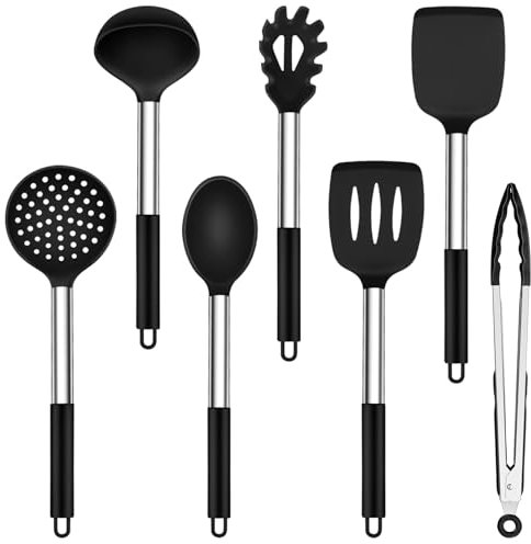 Onader Küchenhelfer Set, 7 Stück Silikon Küchenutensilien Kochbesteck Set mit Edelstahlgriff, Antihaft Kochutensilien Set Sicher für Kochgeschirr, Hitzebeständiger & Spülmaschinenfest, Schwarz