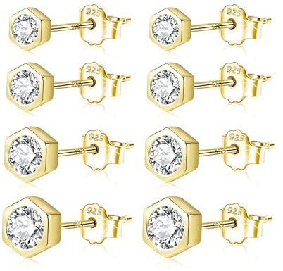 Kleine Ohrstecker Gold Ohrringe Damen, 14k Vergoldete 925 Ohrstecker Hexagon Gold Ohrringe Set Mini Kugel Ohrstecker mit Zirkonia Strass Steine, 9ct Gold Ohrstecker Kleine Set Damen