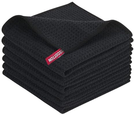 Set de 6 Paños de Cocina Negros de Microfibra Reutilizables, 20x20 cm - Toallas de Té con Estampado de Gofres para Fuerte Absorción de Agua, Paños Gruesos y Sin Pelusas para Limpieza Doméstica (30*30)