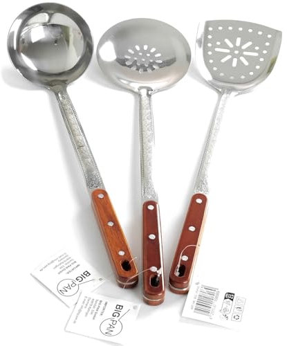 BIG-PAN 3er-Set XL 45cm Schöpflöffel Schaumkelle Wok-Pfannenwender Suppenkelle Küchenhelfer Gießlöffel Soßenlöffel Schumovka Schaumlöffel-perforiert Edelstahl Perfekt für Kazans